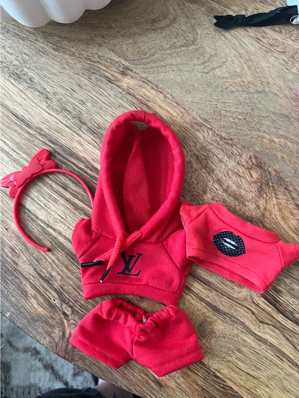 Labubu outfit Red Hoodie & Shorts Set with Logo, t/shirt and red headband